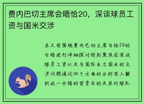 费内巴切主席会晤恰20，深谈球员工资与国米交涉